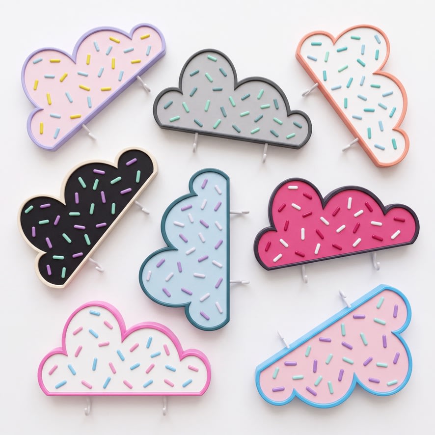 Cloud-shaped 3D printed wall key holders from East Coast Art Supply in several colors, each with a sprinkle pattern and small hooks