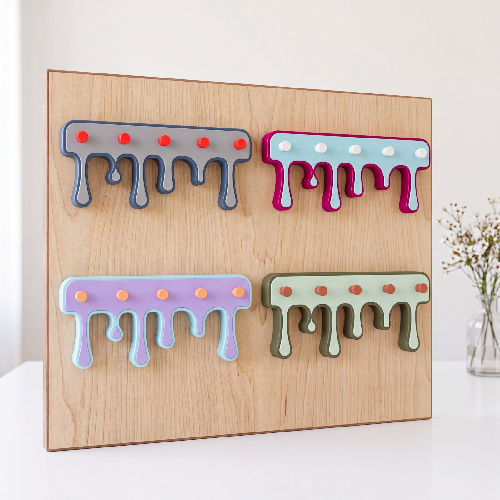 Four Drippy wall key holders from East Coast Art Supply, melted-paint silhouettes 3D printed in different color pairs, with hooks for keys