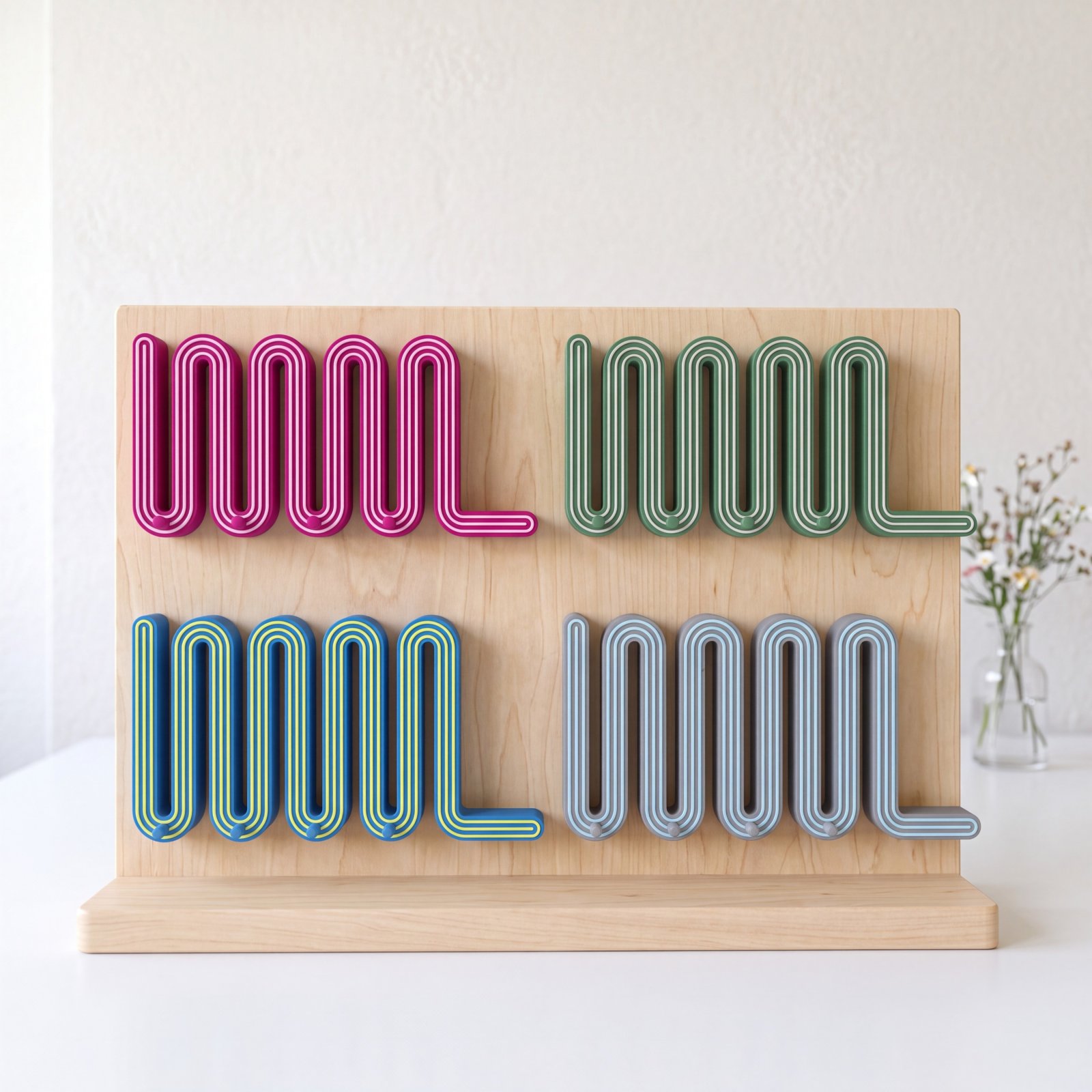 Wavy custom wall key holders from East Coast Art Supply, 3D printed in four color combinations